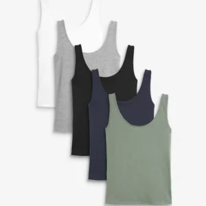 Black, White, Grey, Navy Blue, Green, Thick Strap Vests 5 Pack
