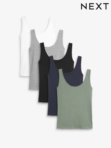 Black, White, Grey, Navy Blue, Green, Thick Strap Vests 5 Pack