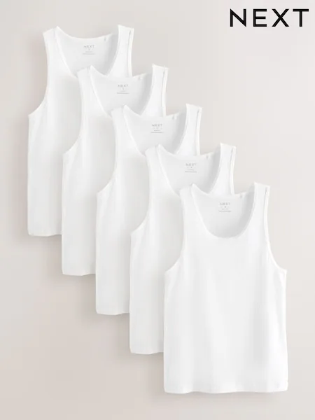 White Slim Fit 100% Cotton Layering Vests 5 Pack