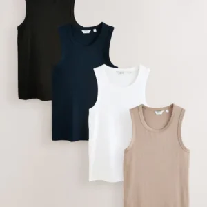 Black/White/Neutral/Navy 4 Pack Slim Ribbed Vests