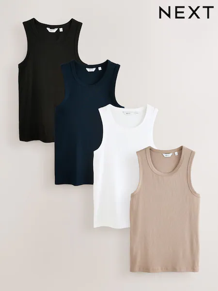 Black/White/Neutral/Navy 4 Pack Slim Ribbed Vests