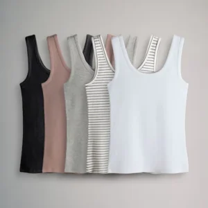 The Set 5 Pack Ribbed Scoop Neck Vests Pink/Grey Marl/White/Neutral Stripe