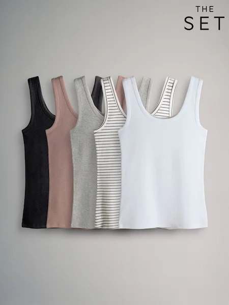 The Set 5 Pack Ribbed Scoop Neck Vests Pink/Grey Marl/White/Neutral Stripe