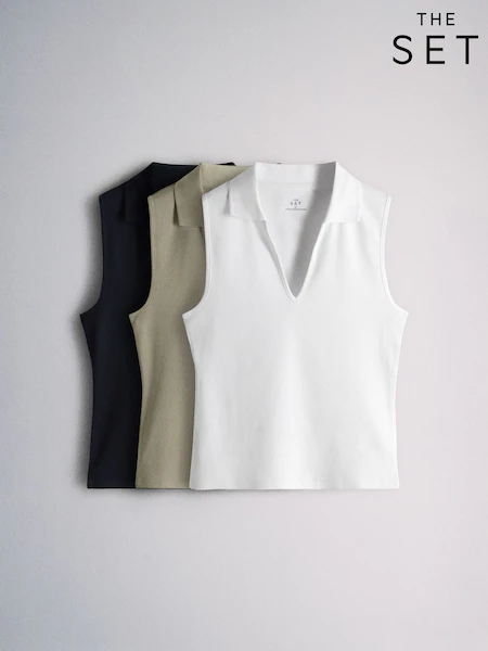 The Set 3 Pack Ribbed Collar Polo Tops Dark Navy/Taupe Brown/White