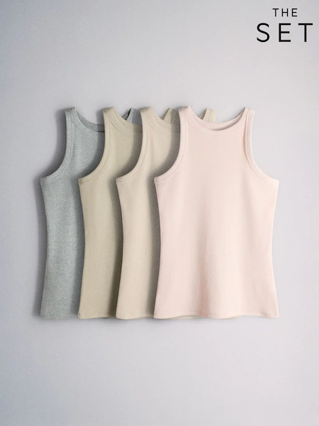 The Set 4 Pack Ribbed Racer Vests Khaki/Light Pink/Neutral