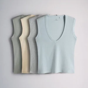 The Set 4 Pack Deep V-Neck Ribbed Vests Pale Blue/Pastel Yellow/Grey