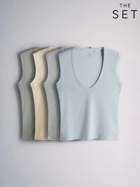 The Set 4 Pack Deep V-Neck Ribbed Vests Pale Blue/Pastel Yellow/Grey