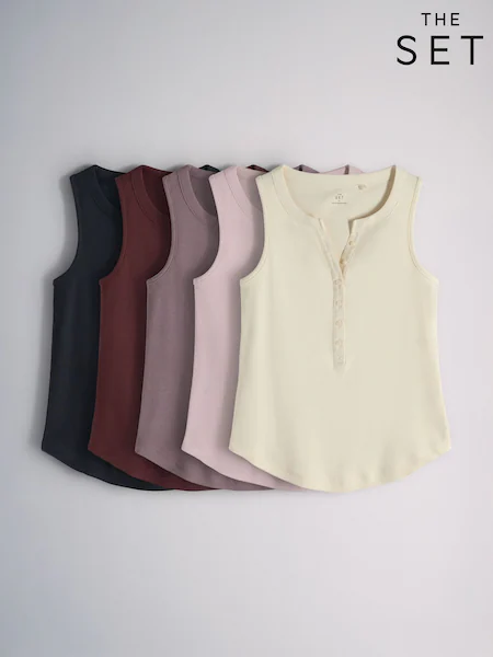 The Set 5 Pack Henley Tank Tops Navy Blue/Burgundy/Brown/Pink/Cream