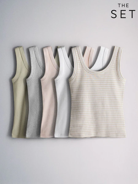 The Set 5 Pack Ribbed Scoop Neck Vests Pink/Grey Marl/White/Neutral Stripe