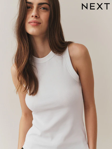 White Ribbed Racer Back Sleeveless Vest Top