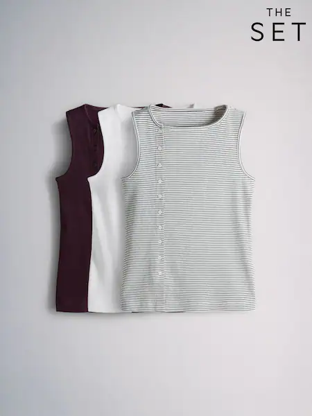 The Set 3 Pack Side Button Through Vests Stripe/White/Chocolate Brown