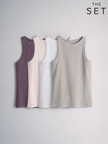 The Set 4 Pack Ribbed Racer Vests Purple/Pink/White/Neutral Stripe